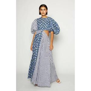 Robe longue moderne de qualité supérieure, motif audacieux bleu, équilibre parfait des couleurs, fente latérale à la taille - Product Image 1