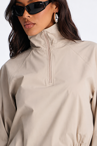 Women Beige Cropped Windbreaker Jacket and <b>Short</b> Set Half <b>Zip</b> Long Sleeve Elasticwaist Casual Sporty Two Piece Outfit Activewear - Product Image 3
