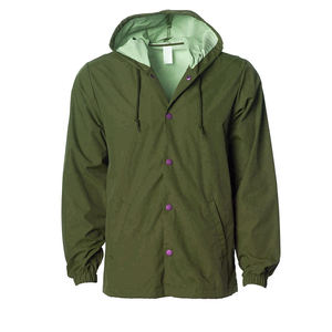 Chaqueta Impermeable con Capucha Unisex Verde Oliva con Botones Morados, Abrigo de Poliéster Resistente al Agua para Adultos, Ropa de Exterior para Todas las Estaciones - Product Image 1