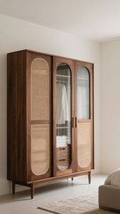 Armario Moderno de Madera Maciza con Detalles de Ratán Tejido y Elegante Diseño de Puerta de Vidrio - Product Image 2