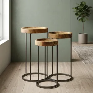 Modern Nested Wood Side <b>Tables</b> Minimalist Design Black Metal Frame Living Room Furniture Wooden iron <b>Nesting</b> <b>set</b> - Product Image 6