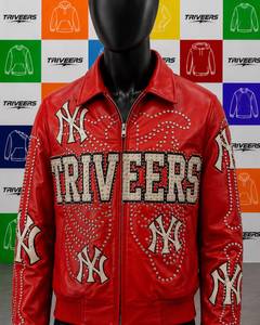 Women’s <b>Red</b> Studded Leather Bomber <b>Jacket</b> Custom Logo Embroidered Streetwear Regular Fit Varsity Biker <b>Jacket</b> OEM ODM - Product Image 5