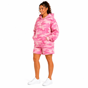 Custom Women Camo Short <b>Set</b> Oversized Pullover Hoodie Kangaroo Pocket Shorts <b>Set</b> Camouflage Print Fleece Tracksuit Short <b>Set</b> - Product Image 5