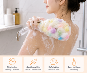 Mesh shower sponge long handle <b>back</b> scrubber colorful body <b>bath</b> <b>brush</b> - Product Image 2