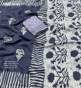 Premium Quality Pure Chanderi Cotton with Hand-Block Battik Print Saree-<b>Spray</b> with Block Print Blouse <b>Set</b> Indian Exporter - Product Image 4