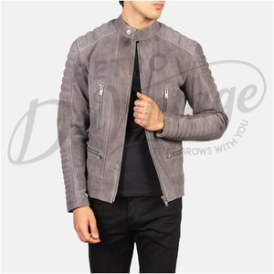 Chaqueta de motociclista Café Racer para hombre, de cuero genuino de gamuza gris, con hombros acolchados, corte ajustado, con cremallera, para motocicleta. - Product Image 1