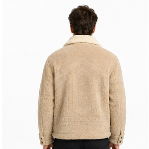 Custom <b>Mens</b> Beige Sherpa Trucker <b>Jacket</b> Turn-down Collar Double Chest Flap Pockets Full Zip Casual <b>Thick</b> Winter <b>Fleece</b> Outerwear - Product Image 4
