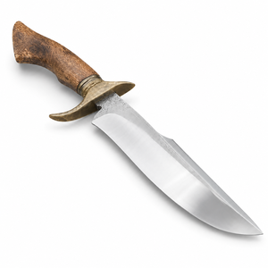 Cuchillo Bowie Rambo de Acero de Damasco Hecho a Mano con Guardacuchillo de Latón, Mango de Madera y Cuerno, Funda de Cuero, Cuchillo Bowie para Exteriores de Calidad Superior - Product Image 1