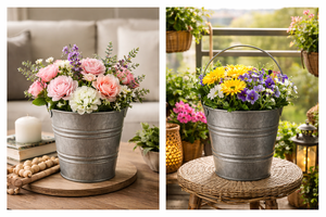 Seau en métal de style moderne avec poignée, design rustique à nervures horizontales, jardinière en étain galvanisé noir pour le jardin et la décoration intérieure - Product Image 4