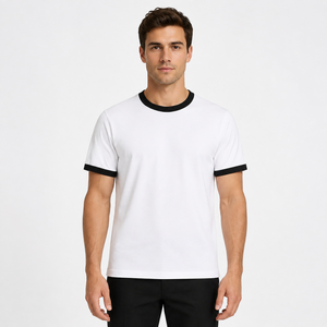 Custom <b>Men</b>’s White Ringer T Shirt <b>Black</b> Contrast Crew Neck Sleeve Cuffs Blank Retro Short Sleeve Casual Tee - Product Image 6