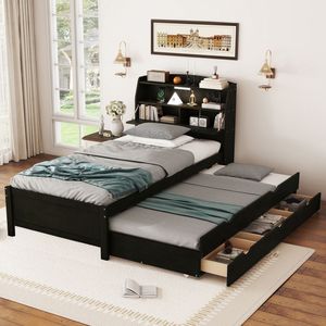 Letto a piattaforma in legno con luci LED, misura Twin, con letto estraibile e cassetti contenitore nella testiera (Vecchio SKU N820S00008D) - Product Image 2