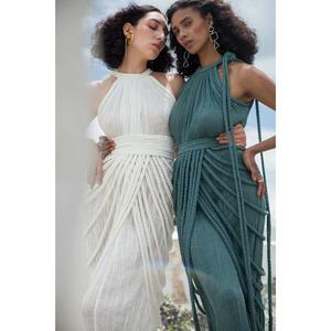 Vestido Maxi Elegante Hecho a Mano con Cuello Halter, Plisado, Sin Mangas, Estilo Tubo, Formal, Blanco, Ajustado, con Cintura Imperio, Tejido, Estilo Sólido, para Verano - Product Image 4