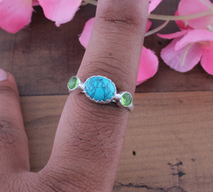 925 Sterling Silver Bezel <b>Set</b> Oval Turquoise Three Stone <b>Ring</b> Handcrafted Classic Gemstone Jewelry for <b>Men</b> Women Unisex - Product Image 5