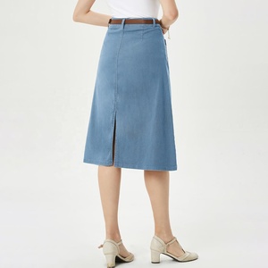 Light Blue Denim Skirt for Women Knee Length Jean Skirt Charm High Waisted Packet Stylish Belt Waisted - Product Image 2