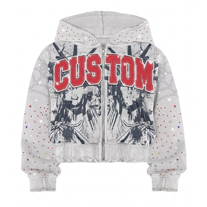 <b>White</b> Zip Up Hoodie Rhinestone CUSTOM Letter Print Oversized Crop Streetwear Unisex Hooded <b>Sweatshirt</b> - Product Image 1