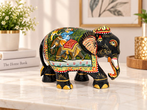 Estatua de Elefante de Madera Pintada a Mano Hecha en India al por Mayor, con Tronco Arqueado, Adorno Decorativo para Mesa del Hogar, Ideal para Regalo de Inauguración - Product Image 5