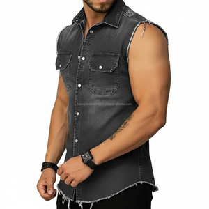<b>Men's</b> Sleeveless Denim <b>Vest</b> <b>Black</b> Slim Fit Distressed Custom OEM Wholesale - Product Image 5