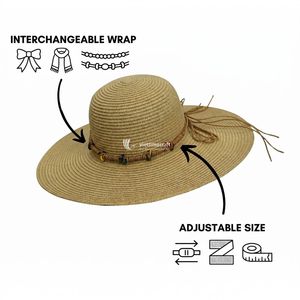 Hot Woven Straw <b>Hat</b> Wide Brim Natural Grass Beaded <b>Band</b> Unisex Beach Accessory Adult Summer <b>Hat</b> - Product Image 3