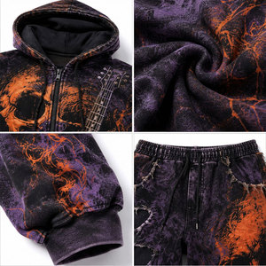 Survêtement à capuche pour homme, coupe ample, style punk, imprimé crâne et flammes, fermeture éclair sur le devant, poches latérales, vêtements d'hiver - Product Image 6