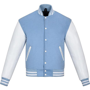 <b>Men's</b> Light Blue <b>White</b> Varsity <b>Jacket</b> Preppy Style Stand Collar Button Closure Autumn Wear Regular Fit <b>Men's</b> Tracksuits - Product Image 1