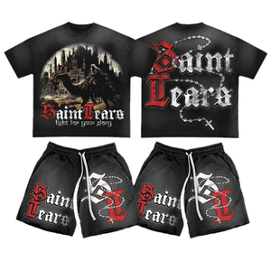 Ensemble t-shirt et short pour homme, noir imprimé, style streetwear, vêtements d'été, polyester respirant, col rond - Product Image 1