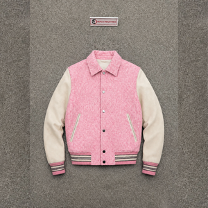 Blouson universitaire rose premium pour homme avec manches crème, col rabattu, style décontracté pour l'automne, blouson universitaire en laine de haute qualité - Product Image 5