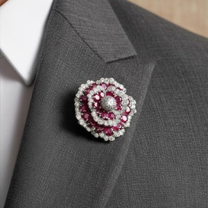 Broche Fleur Rubis Rose Plaqué Or 14 carats Bijou Statement Art Déco Argent 925 Diamant Unique Femme & Homme Mariage - Product Image 5