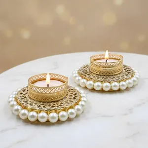 Round Gold Tea Light <b>Holder</b> with Pearl Trim for Wedding Home Decoration Pearl Diya Candle Stand Decorative <b>Tealight</b> <b>Holder</b> - Product Image 5