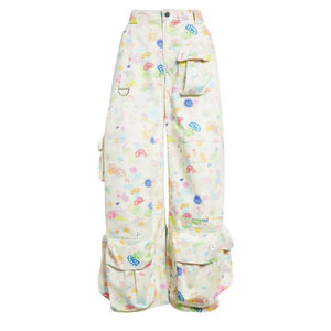 Pantalon cargo à taille haute pour femmes, à fleurs, longueur intégrale, coupe ample, style décontracté, avec plusieurs poches, tissu en coton imprimé - Product Image 1