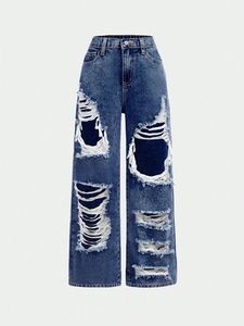 Jean en denim déchiré à jambe large pour homme, taille haute, grande taille, décontracté, coupe ample, couleur unie, fermeture boutonnée - Product Image 4