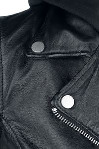 Chaqueta de motorista de piel de oveja negra auténtica para mujer personalizada con forro de lana transpirable y capucha - Product Image 3