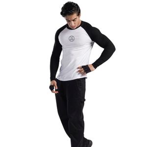 Men's Light Grey Body with Navy Sleeves Performance T-Shirt Premium Cotton Breathable Gym Fitness Casual Wear OEM ODM Wholesale - Product Image 1