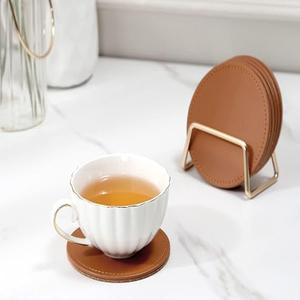 PU <b>Tan</b> Leather Absorbent Drink Round Leather Coasters with Metal Holder Stand Set of 6 - Product Image 2