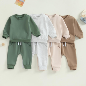 Ensemble survêtement hiver en molleton de coton pour bébés et enfants : sweat-shirt à col rond et poignets déchirés avec pantalon – Grande demande - Product Image 3