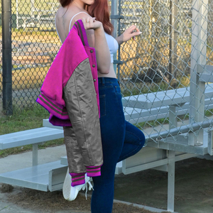 Womens Varsity Crop <b>Jacket</b> Purple <b>Silver</b> Letterman Style Bomber Coat Faux Leather Sleeves Casual Outerwear Ladies Fashion - Product Image 4