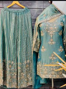 Traje Anarkali de Seda Bordado en Color Verde Azulado con Dupatta, Vestido de Boda Tradicional Indio Pakistaní para Mujer, Largo hasta el Suelo - Product Image 3