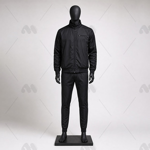 Men's Black Tracksuit Full Sleeve Stand Collar Solid Color Casual Autumn Wear Regular Fit Zipper Closure Midweight Polyester - Product Image 1