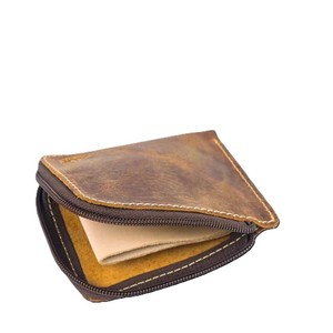 Premium Distressed Brown Leather <b>Zipper</b> <b>Wallet</b> Compact Minimalist Coin Change Purse Distinctive Contrast Stitching Cash Sleeves - Product Image 3