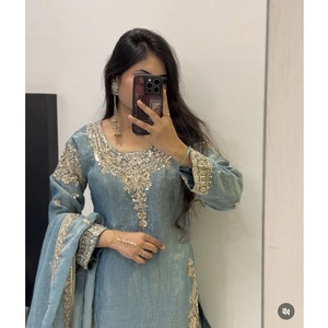 ชุดสูทสำเร็จรูปผ้าไหมซูชิหรูหรา ปักลายด้วยลูกปัดขนาด 5 มม. แขนยาว ดีไซน์ทรงแอปเปิ้ล พร้อมกางเกงทรงพาลาซโซ - Product Image 1