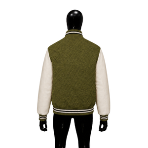 Veste universitaire décontractée PREMIUM OLIVE, modèle de maquette vue de devant, avec manches crème, col rabattu, en mélange de laine, pour l'automne - Product Image 2
