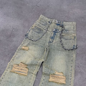 กางเกงยีนส์เดนิมผู้ชายคุณภาพสูง ทรงขาตรงสไตล์สตรีท ผ้าฝ้ายผสมสแปนเด็กซ์ แห้งเร็ว ล้างแบบ Destroyed  รับตัดเย็บตามแบบ - Product Image 5