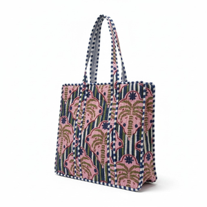Quilted Cotton <b>Tote</b> <b>Bag</b> for Women-Indian Block Print <b>Navy</b> Blue White Vertical Stripe Long Eco-Friendly Lightweight Shopping <b>Bag</b> - Product Image 1