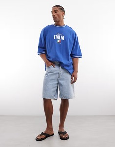 Camiseta de algodón de manga corta con cuello redondo para hombre, azul, de corte holgado, informal, de punto jersey, con estampado frontal y ribete en contraste. - Product Image 4