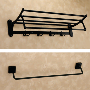 Porte-serviettes mural noir avec barre porte-serviettes et crochets, finition thermolaquée, organiseur de salle de bain - Product Image 1