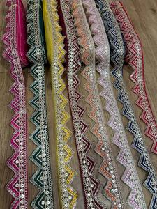 Bordure en dentelle filet indienne à motif zig-zag, ornée de sequins et de broderies Zari, avec bordure triangulaire pour sari et dupatta, vente en gros - Product Image 5