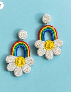 <b>Rainbow</b> Daisy Beaded <b>Drop</b> Earrings Women's Bohemia Style Flower Shape Party Jewelry Resin Imitation Pearl Earrings - Product Image 1