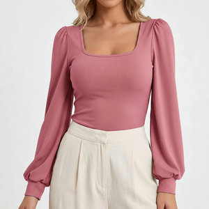 Women Ribbed Square Neck Long Sleeve Slim Fit Top Stretchable Breathable Soft Knit Blouse Casual Daily Wear Wholesale - Product Image 1
