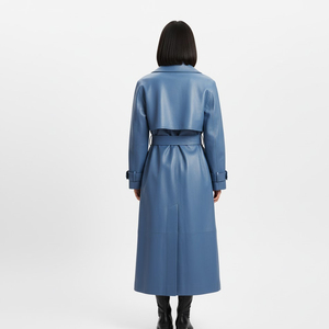 Women's Blue Real Leather <b>Thick</b> Trench <b>Coat</b> Long Length Notched Collar Belted Windproof Minimalist Style <b>Winter</b> Outerwear - Product Image 2