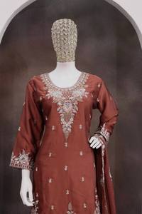 Costume brodé marron pour femme avec dupatta, coupe ample, longueur cheville, tenue traditionnelle indienne pakistanaise - Product Image 3