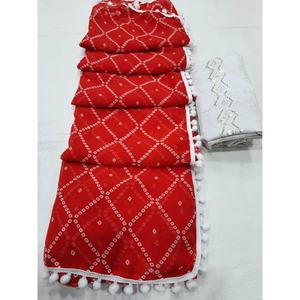 DESIGNER GEORGETTE IMPRIMÉE AVEC DENTELLE À POMPOM BORFDER SAREE AVEC BLOUSE INCOSÉE ROUGE - Product Image 1